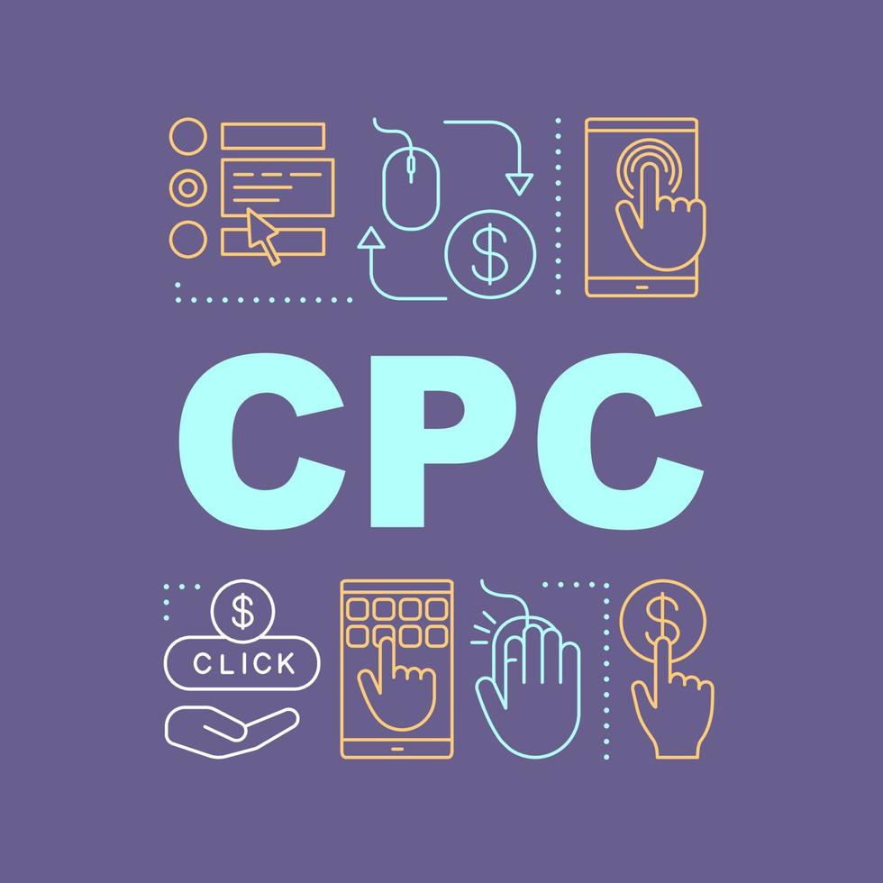 bannière de concepts de mot cpc. présentation. coût par conversion. génération de leads. idée de typographie de lettrage isolé avec des icônes linéaires. campagne publicitaire. le marketing numérique. illustration de contour de vecteur