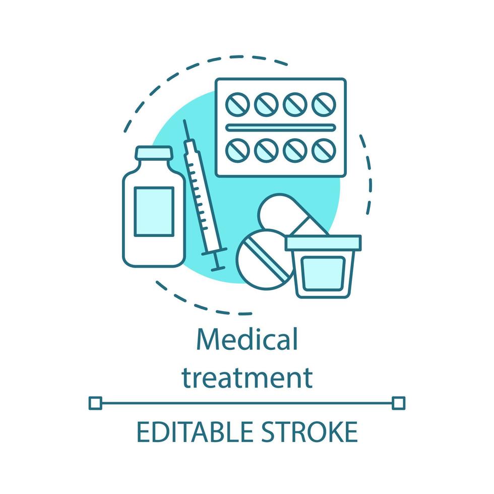 icône de concept de traitement médical. illustration de ligne mince idée de médicaments. aide aux malades. pilules, sirop, injections. prescription de médicaments. thérapie. dessin de contour isolé de vecteur. trait modifiable vecteur