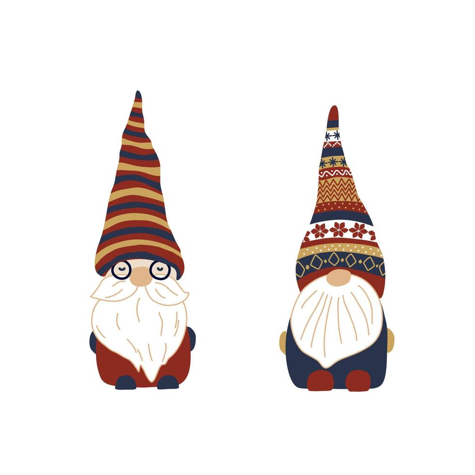 petits gnomes en illustration vectorielle de casquettes à motifs. dessin de personnages de contes de fées. conception de nains de noël. vecteur