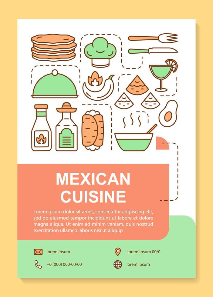 disposition du modèle de brochure de cuisine mexicaine. restaurant mexicain. flyer, brochure, conception d'impression de dépliant avec des illustrations linéaires. mises en page vectorielles pour magazines, rapports annuels, affiches publicitaires vecteur