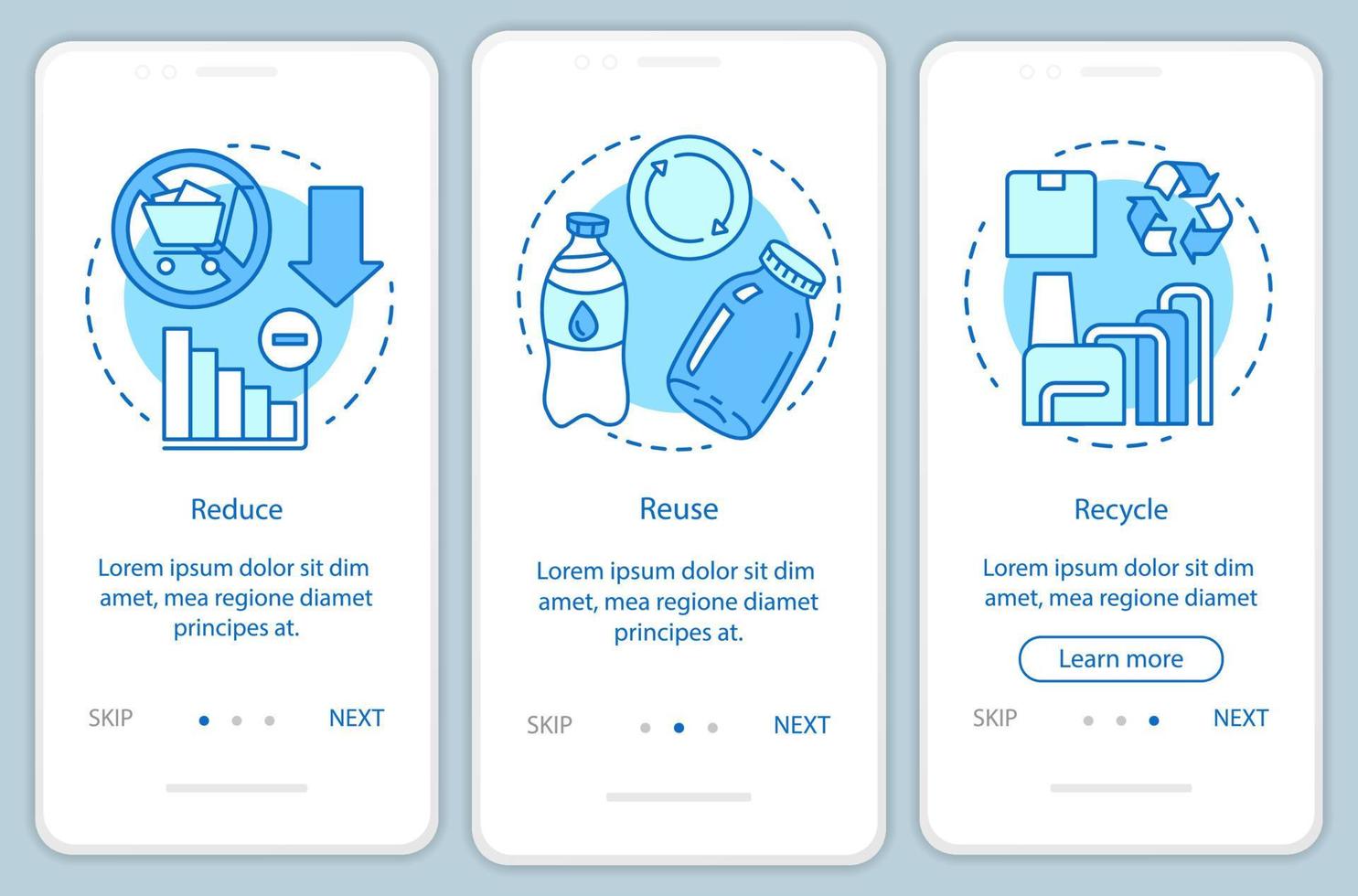 modèle vectoriel d'écran de page d'application mobile pour la gestion des déchets. zéro déchet, réduire, réutiliser, recycler les étapes du site Web avec des illustrations linéaires. concept d'interface de smartphone ux, ui, gui