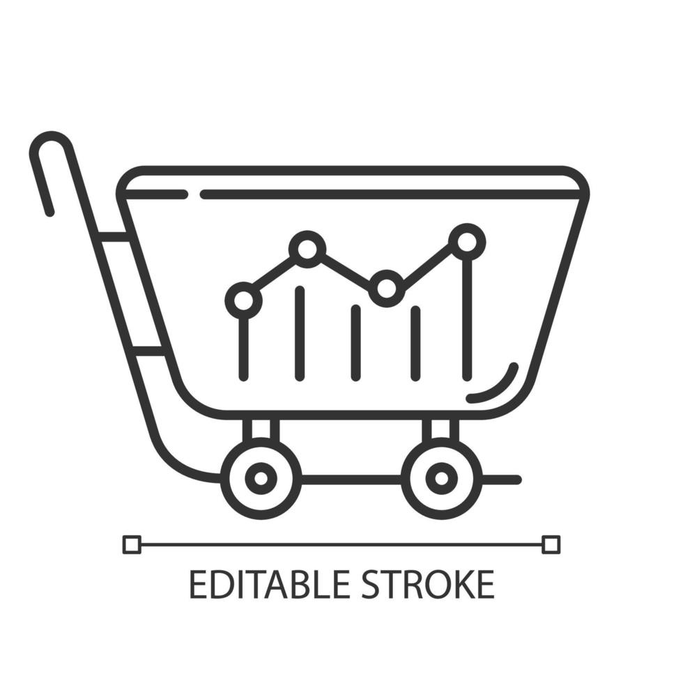 vendre l'icône linéaire d'analyse. recherche en marketing. activité d'achat. fluctuations de prix. graphique du commerce. illustration de la ligne mince. symbole de contour. dessin de contour isolé de vecteur. trait modifiable vecteur