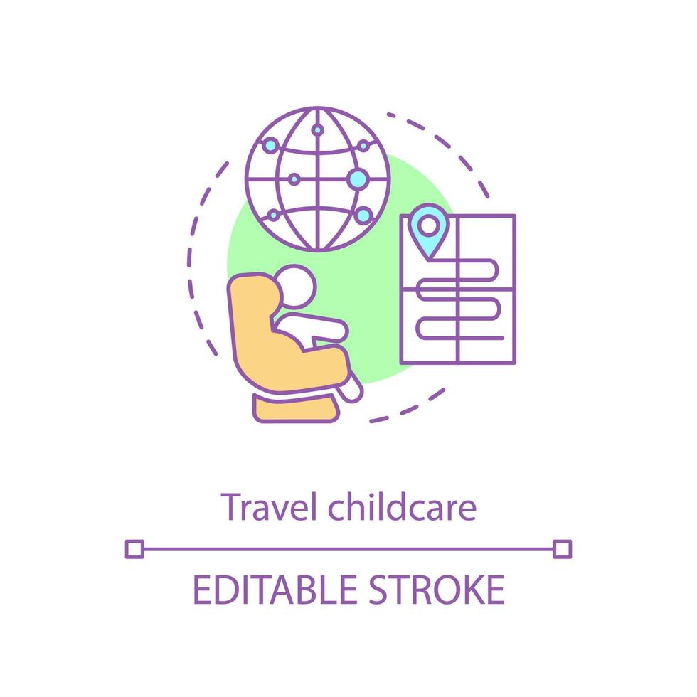 icône de concept de garde d'enfants de voyage. soins aux nourrissons en avion, bus, voiture, train en vacances idée fine ligne illustration. nouveau-né, fournitures pour bébé, articles essentiels. dessin de contour isolé de vecteur. trait modifiable vecteur