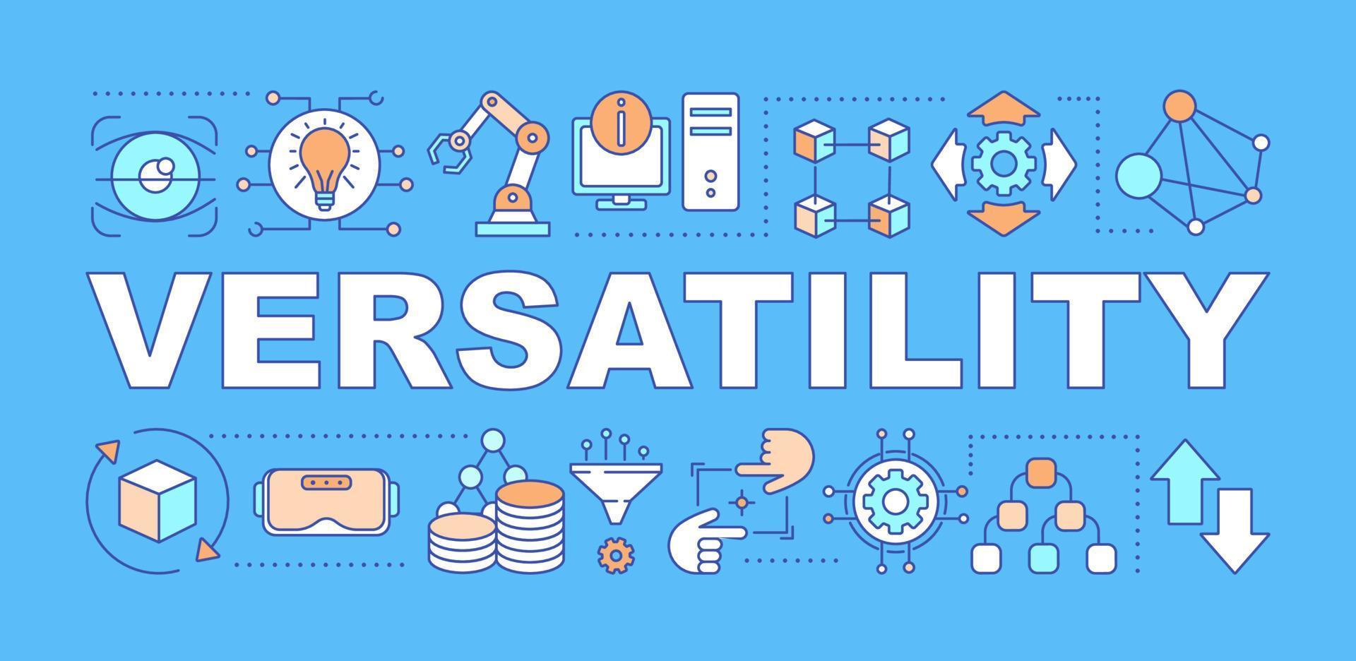 bannière de concepts de mot polyvalence. mégadonnées, apprentissage automatique. avantages des technologies en ligne. présentation, site web. idée de typographie de lettrage isolé avec des icônes. illustration de contour de vecteur