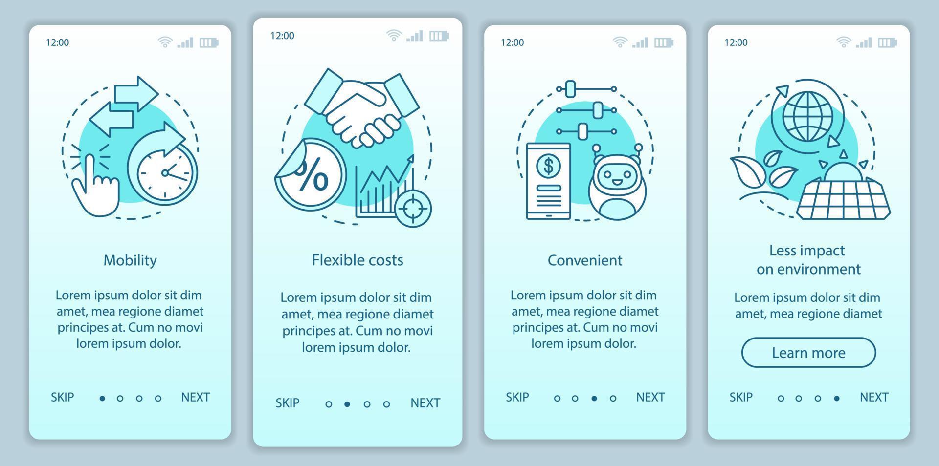 avantages de la technologie d'intégration de l'écran de la page de l'application mobile avec des concepts linéaires. avantages de la stratégie commerciale étapes pas à pas instructions graphiques. modèle vectoriel ux, ui, gui avec illustrations