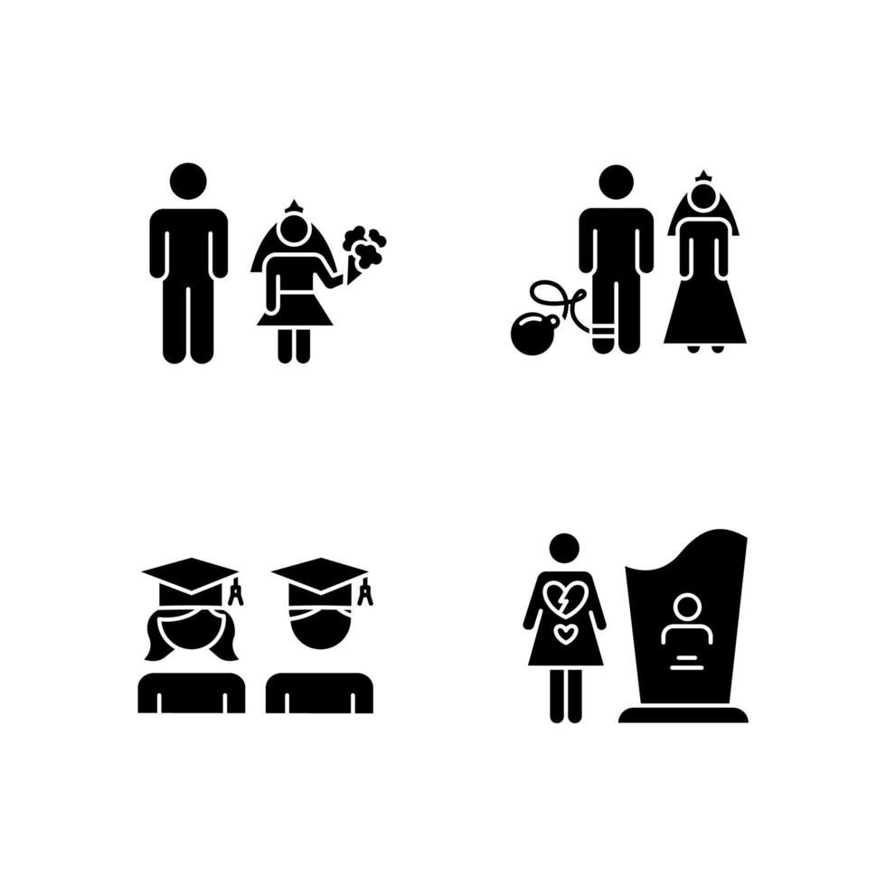 Ensemble d'icônes de glyphe d'égalité des sexes. le mariage d'enfants. égalité scolaire. relation de couple. mariage forcé. diplômé de l'Université. Mortalité maternelle. symboles de silhouette. illustration vectorielle isolée vecteur