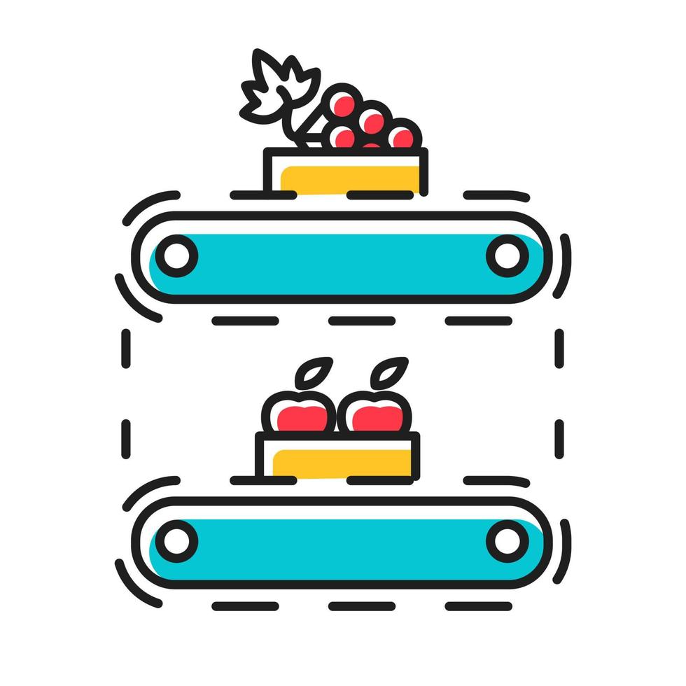 icône de couleur de production de fruits. pommes et raisins dans des caisses sur tapis roulant. alimentation biologique. stockage, stock, terminal. équipement d'usine automatisé professionnel. illustration vectorielle isolée vecteur