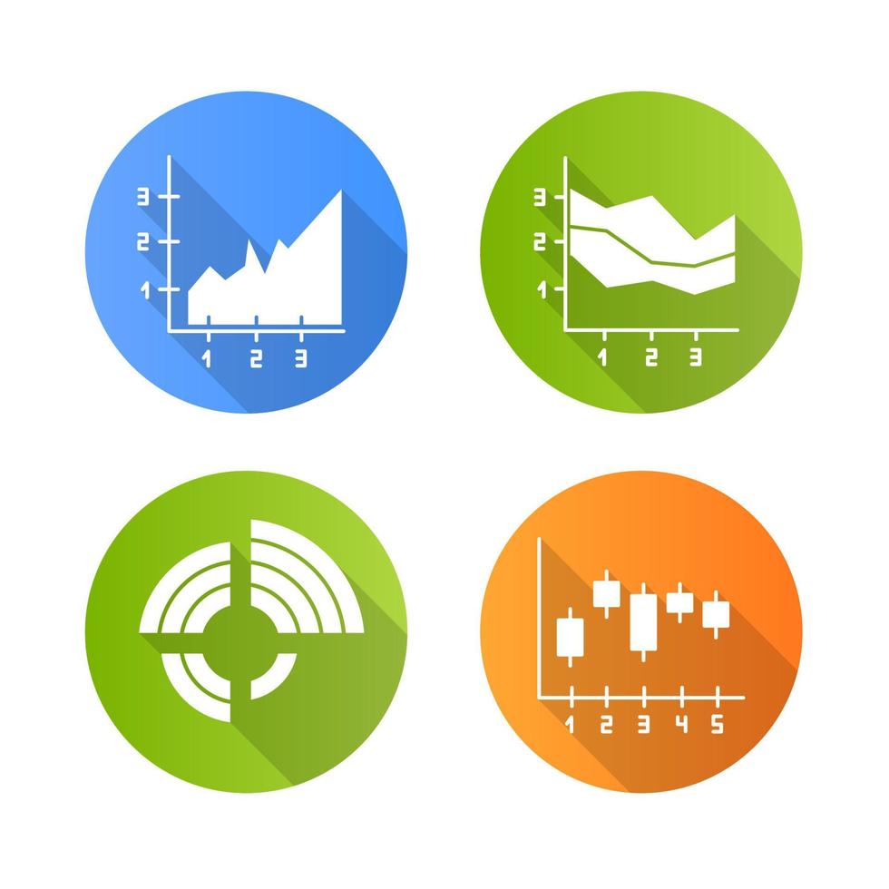 graphique et graphique design plat grandissime icônes de glyphe définies. diagramme radial avec des valeurs croissantes. cartes de zone. histogramme de dispersion verticale. recherche commerciale, rapport. illustration vectorielle vecteur