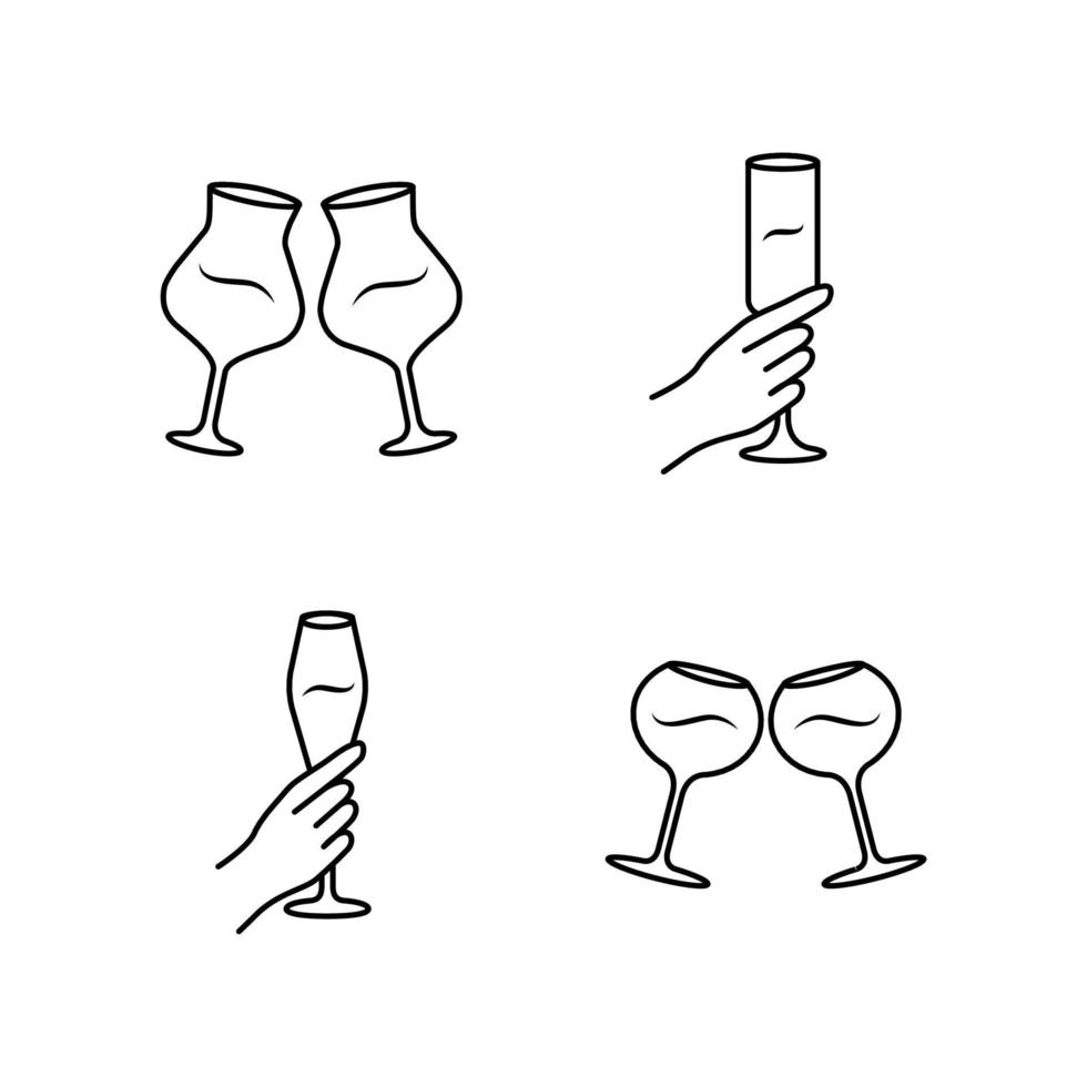 Ensemble d'icônes linéaires de service de vin. verres à vin tinter. mains tenant des boissons alcoolisées. fête. verrerie, cave. symboles de contour de ligne mince. illustrations de contour de vecteur isolé. trait modifiable