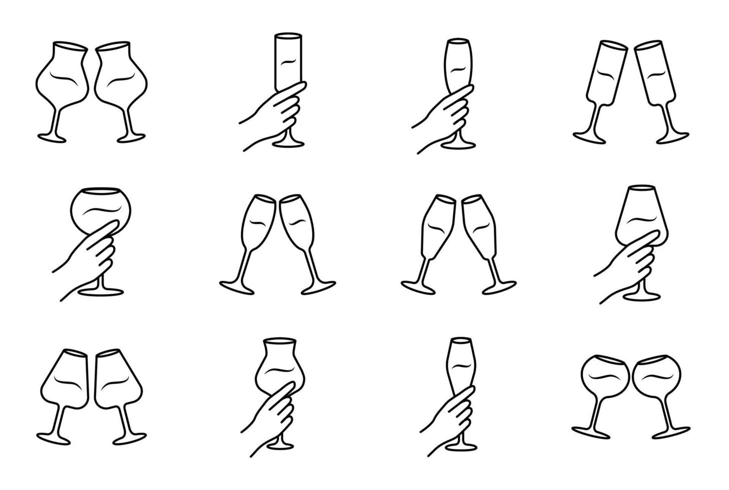 Ensemble d'icônes linéaires de service de vin. verres de vin et de champagne tinter. mains tenant des verres à vin. fête. pain grillé. symboles de contour de ligne mince. illustrations de contour de vecteur isolé. trait modifiable