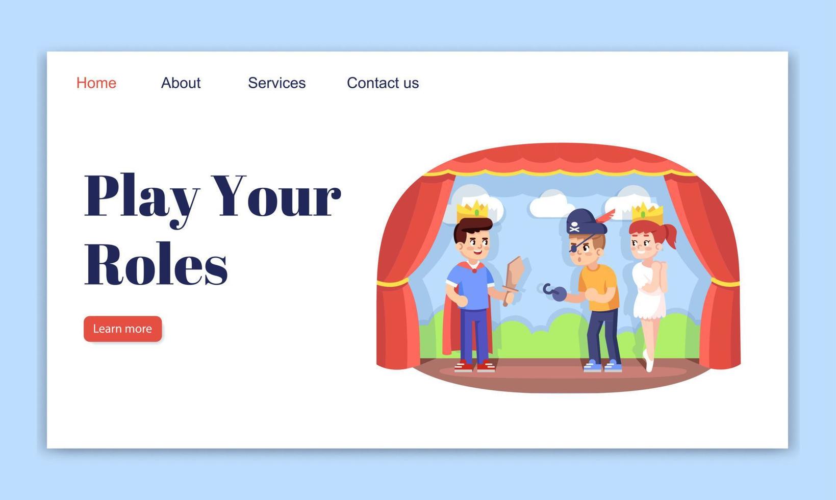 jouez votre modèle de vecteur de page de destination de rôles. idée d'interface de site Web de club de théâtre pour enfants avec des illustrations plates. développement de la mise en page de la page d'accueil des compétences d'acteur. bannière web, concept de dessin animé de page web