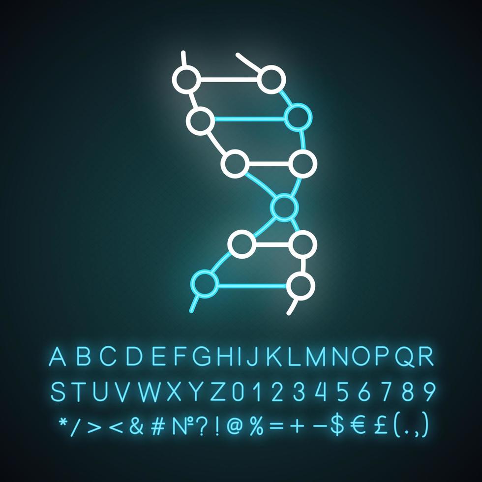 icône de néon d'hélice d'adn. ADN-z. points connectés, lignes. acide désoxyribonucléique, nucléique. biologie moléculaire. code génétique. signe lumineux avec alphabet, chiffres et symboles. illustration vectorielle isolée vecteur