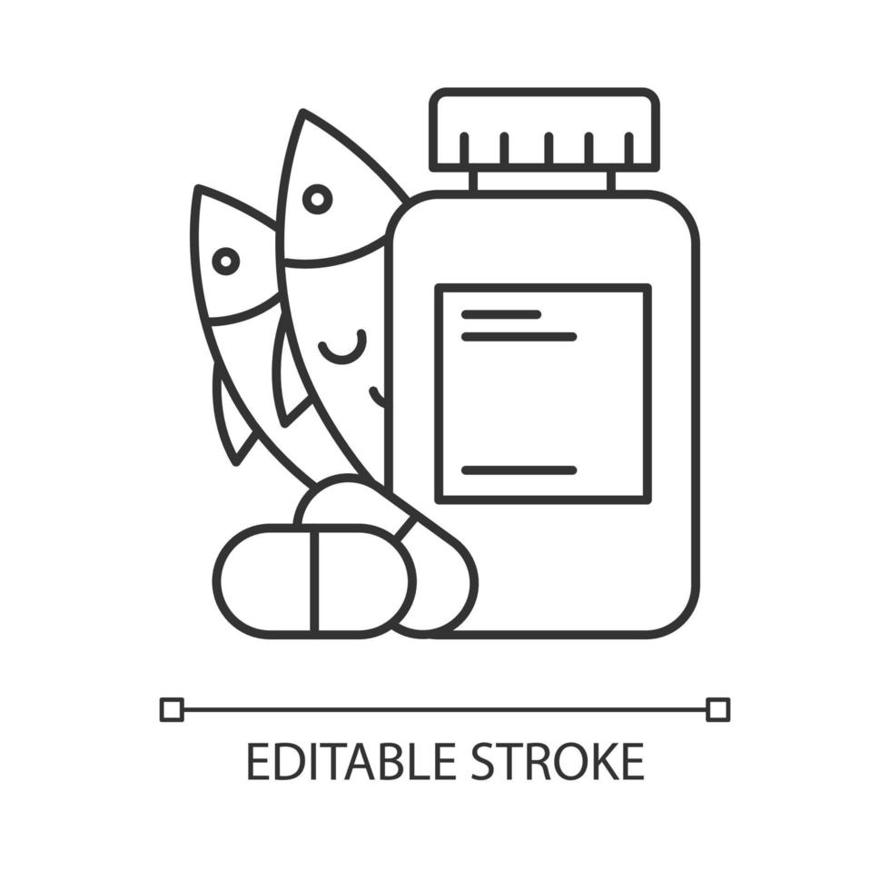 icône linéaire de l'apport en vitamines. approvisionnement en huile de poisson. supplément d'oméga-3. médicaments et pilules. complexe multivitaminé. illustration de la ligne mince. symbole de contour. dessin de contour isolé de vecteur. trait modifiable vecteur