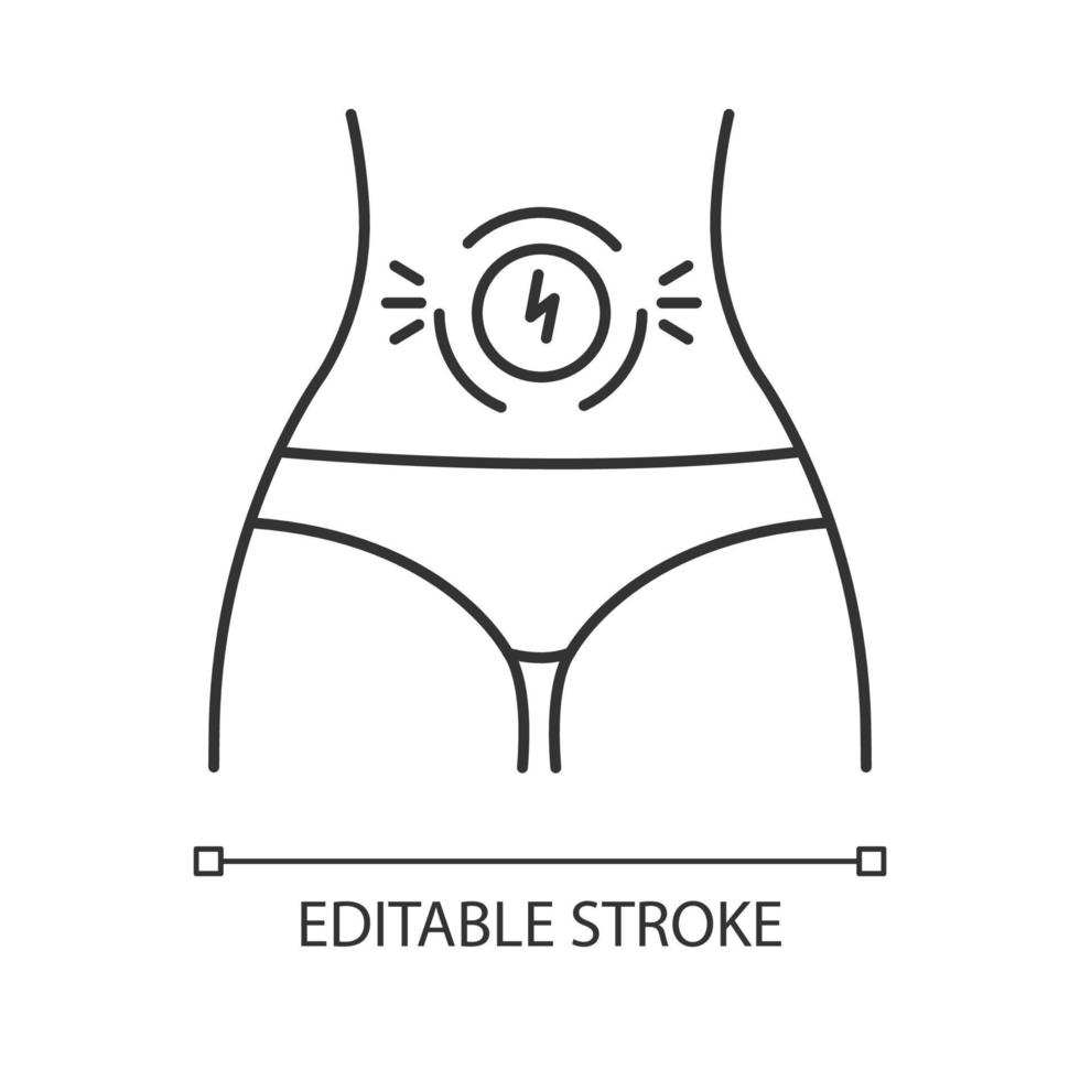 icône linéaire de douleur abdominale. maux d'estomac. crampes menstruelles, spasmes menstruels. symptôme du syndrome prémenstruel. illustration de la ligne mince. symbole de contour. dessin de contour isolé de vecteur. trait modifiable vecteur