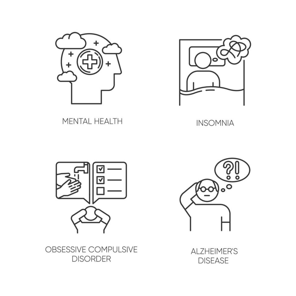 Ensemble d'icônes linéaires de troubles mentaux. insomnie et manque de sommeil. syndrome obsessionnel-compulsif. La maladie d'Alzheimer. symboles de contour de ligne mince. illustrations de contour de vecteur isolé. trait modifiable