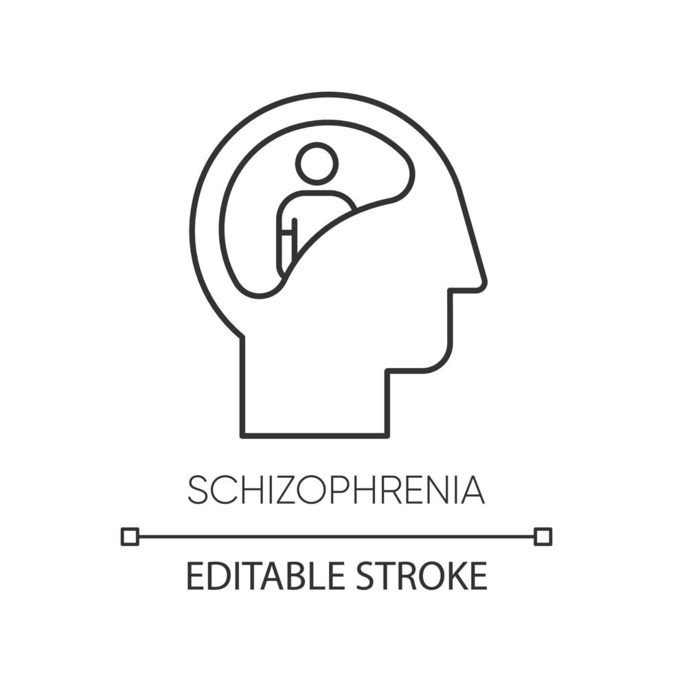 icône linéaire de la schizophrénie. pensée peu claire. esprit confus. désordre mental. paranoïa. comportement anormal. illustration de la ligne mince. symbole de contour. dessin de contour isolé de vecteur. trait modifiable vecteur