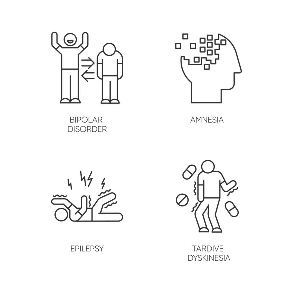 Ensemble d'icônes linéaires de troubles mentaux. trouble bipolaire. amnésie. perte de mémoire. crise d'épilepsie. dyskinésie tardive. symboles de contour de ligne mince. illustrations de contour de vecteur isolé. trait modifiable