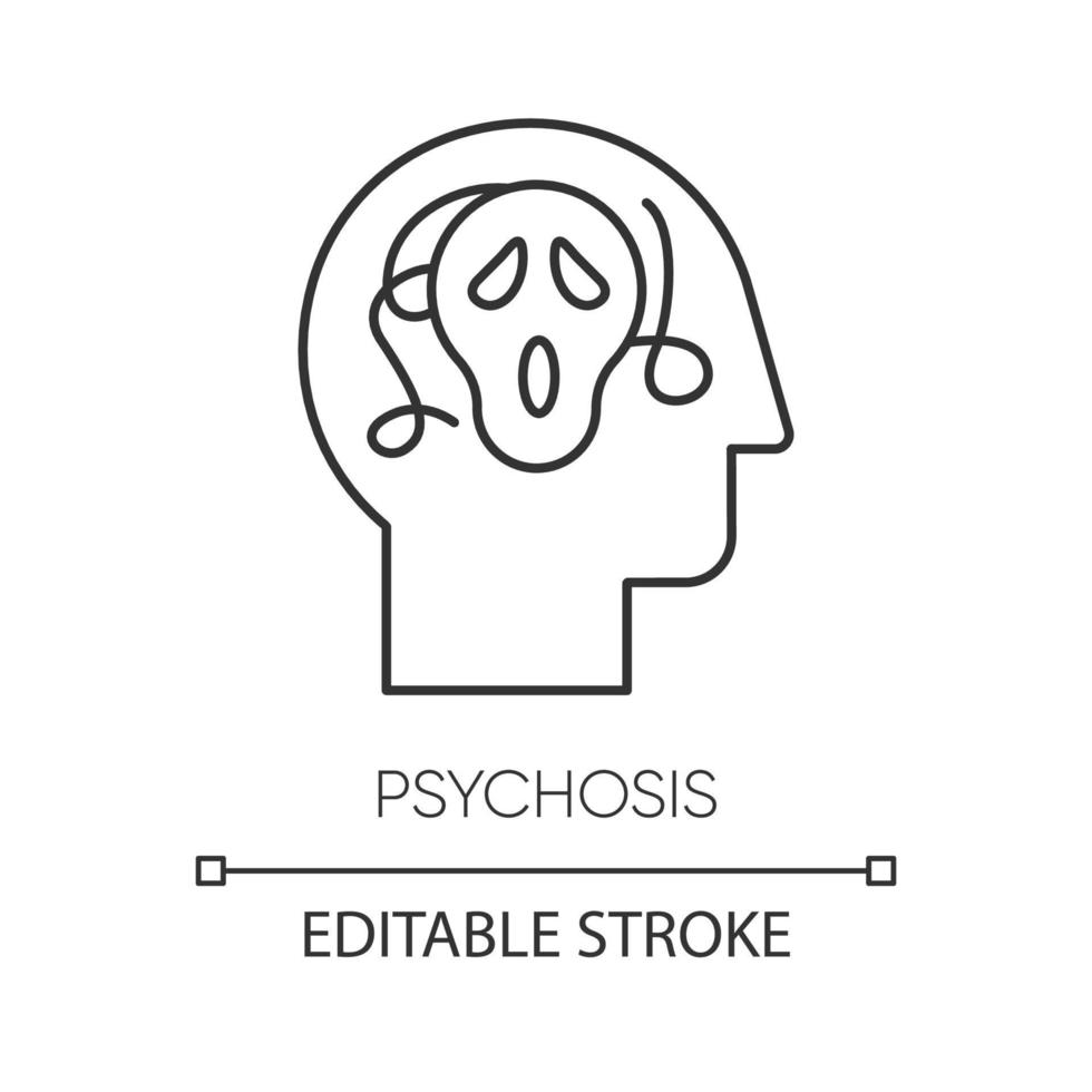 icône linéaire de psychose. personne paranoïaque et effrayée. esprit confus. schizophrénie. dépression. désordre mental. illustration de la ligne mince. symbole de contour. dessin de contour isolé de vecteur. trait modifiable vecteur