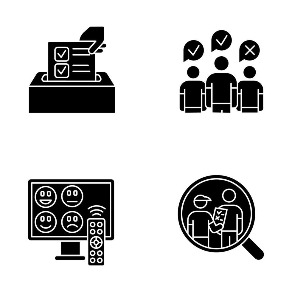 Ensemble d'icônes de glyphe de méthodes d'enquête. sondage anonyme, évaluation des chaînes de télévision. groupe de discussion. entretien. opinion publique. Avis client. retour d'information. évaluation. symboles de silhouette. illustration vectorielle isolée vecteur