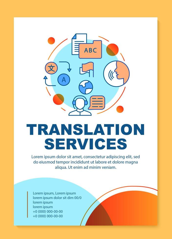 mise en page du modèle de brochure des services de traduction. traducteur de langue étrangère. flyer, brochure, conception d'impression de dépliant avec des illustrations linéaires. mises en page vectorielles pour magazines, affiches publicitaires vecteur