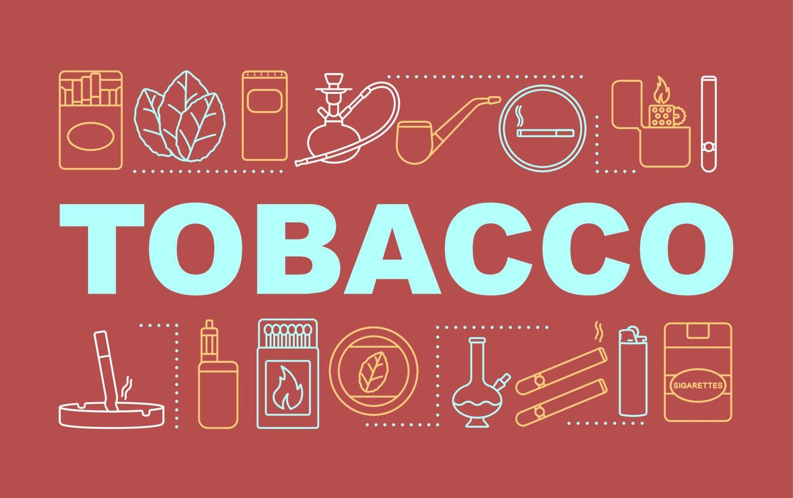 bannière de concepts de mot tabac. industrie des produits contenant de la nicotine. produits pour fumeurs. présentation, site internet. idée de typographie de lettrage isolé avec des icônes linéaires. illustration de contour de vecteur