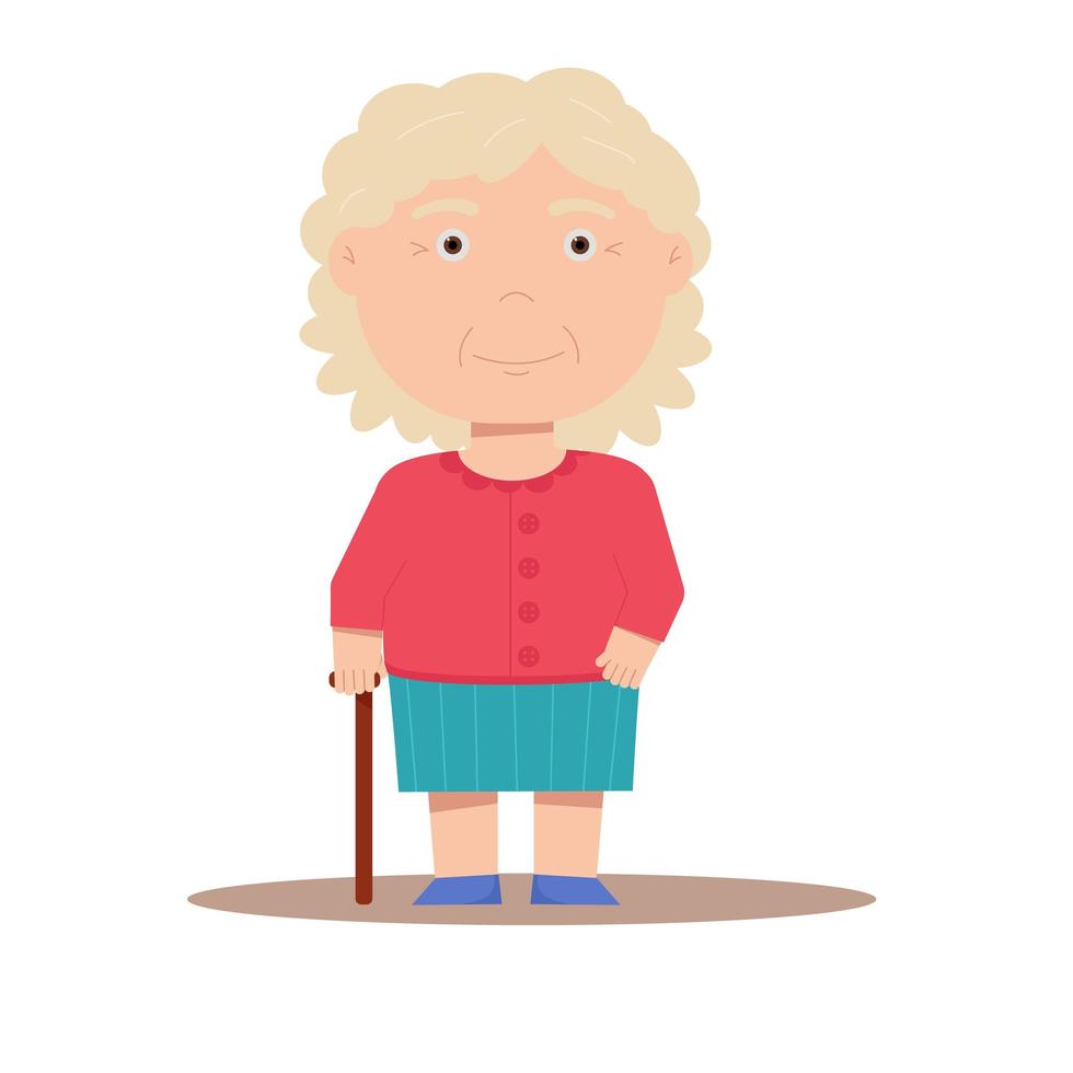 grand-mère en pull et jupe se tient avec un bâton vecteur