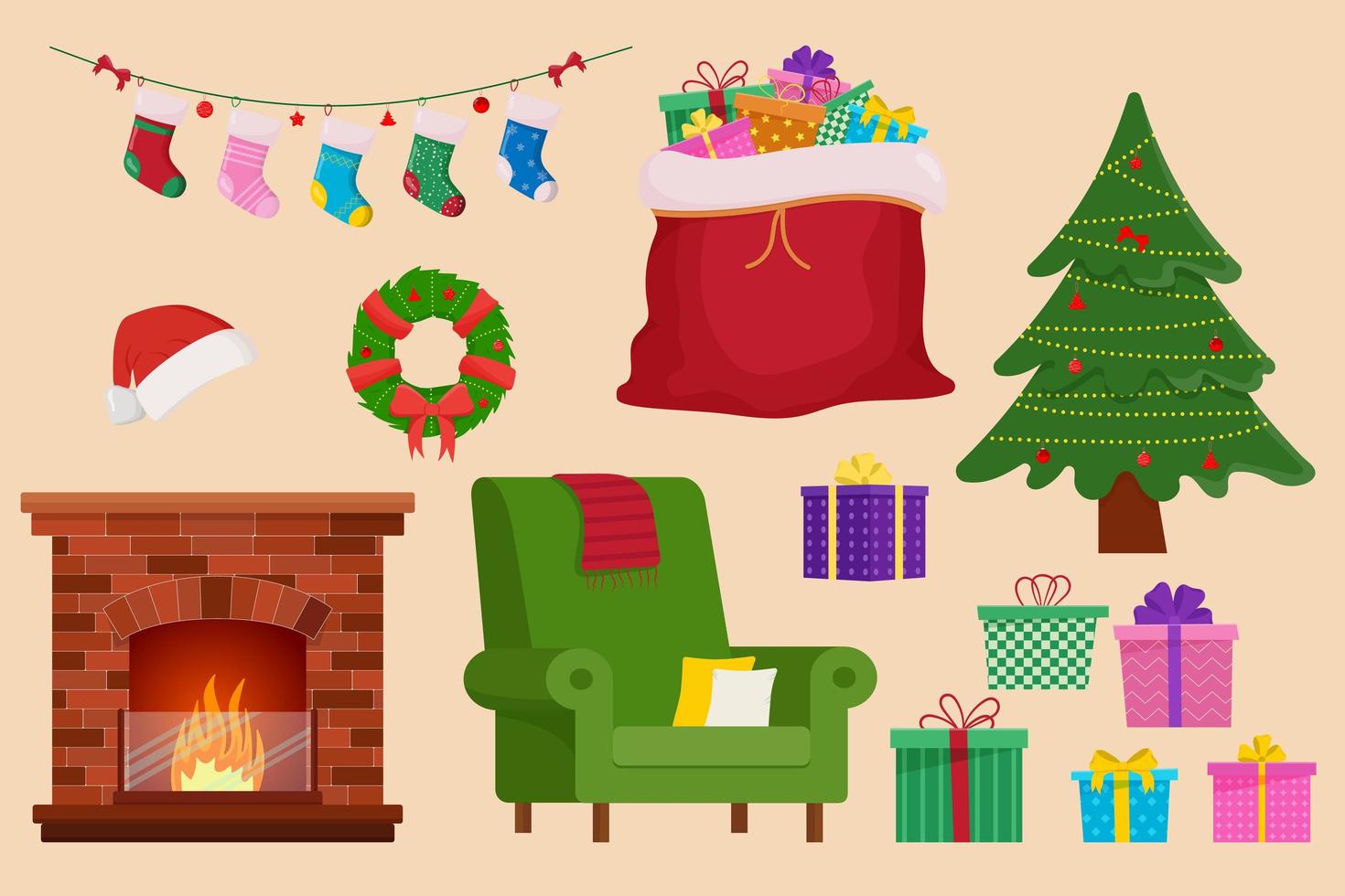 ensemble d'objets de noël. collection d'objets de vacances illustration cheminée, canapé, sac de père Noël, chaussettes de Noël, cadeau, arbre de Noël, bonnet de Noel. vecteur
