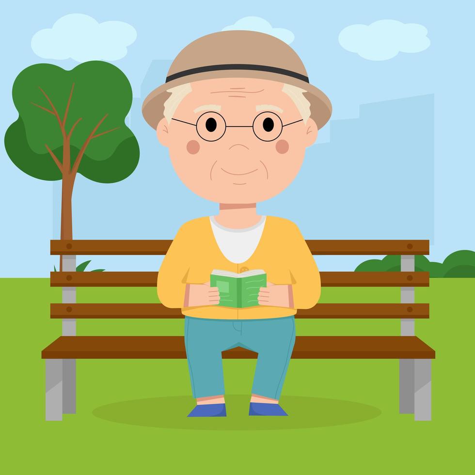 grand-père est assis sur un banc dans le parc et lit un livre vecteur