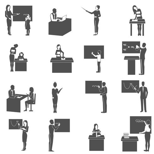 Enseignant au tableau noir en classe Icons Set vecteur