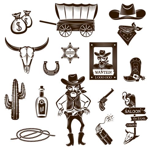 Cowboy Black White Icons Set vecteur