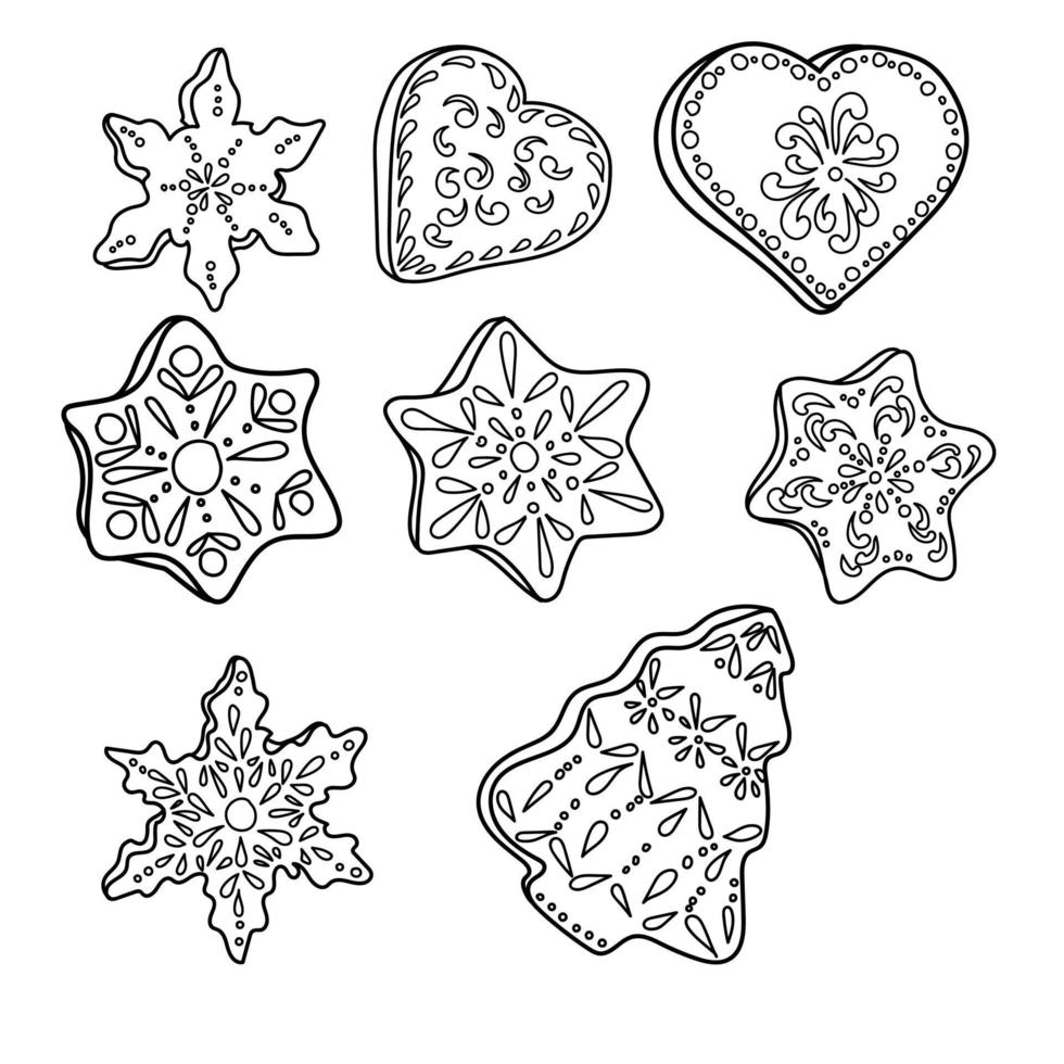 Coloriage de Noël avec du pain d'épice en forme de flocons de neige, de coeurs et d'arbre de Noël. illustration vectorielle de contour vecteur