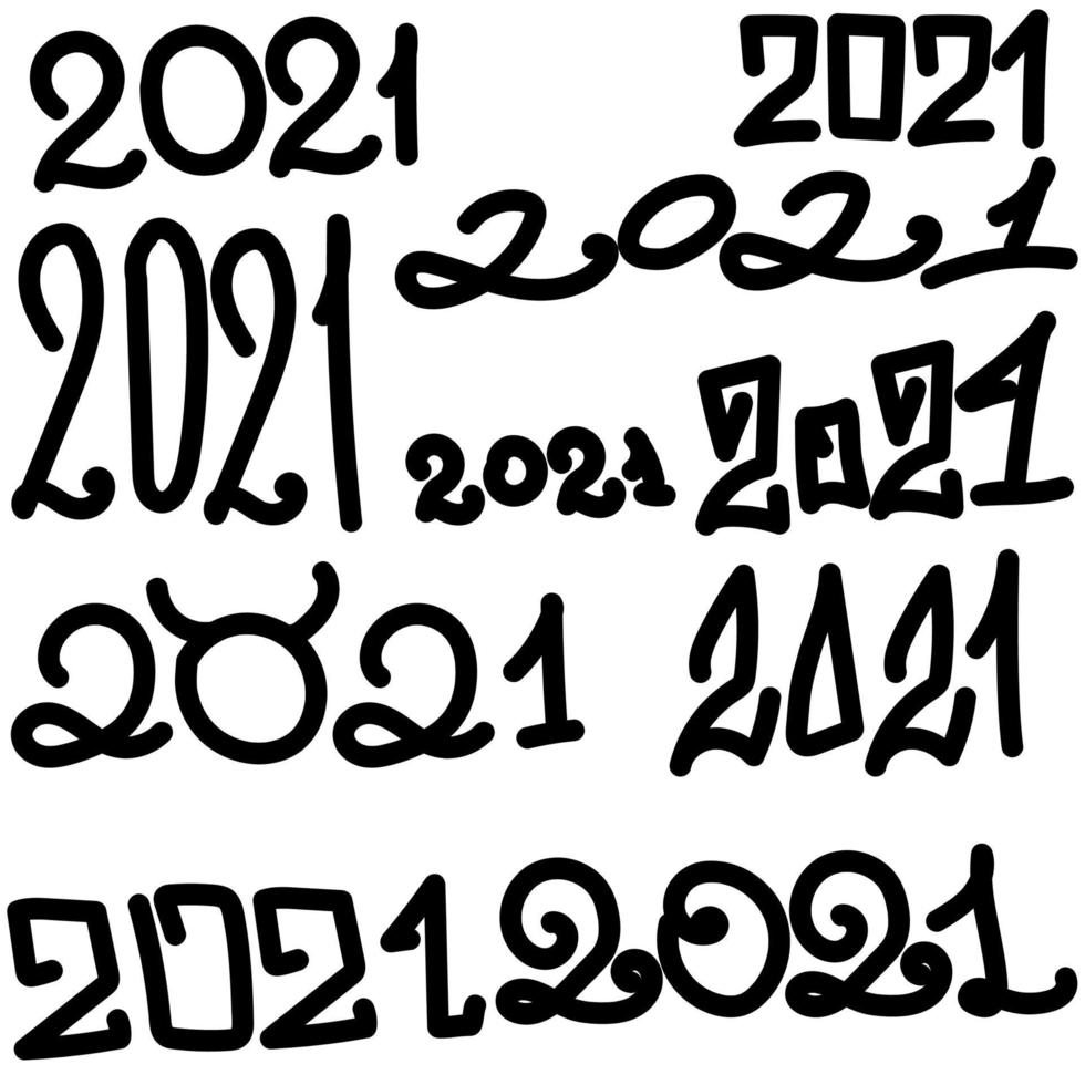 ensemble d'inscriptions de vacances 2021 dans divers styles, nombres manuscrits, illustration de la date des vacances vecteur