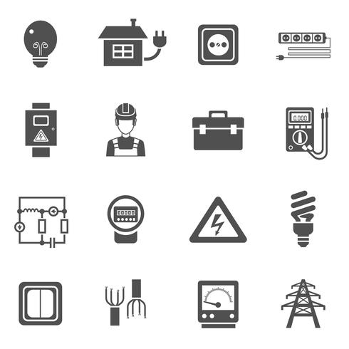 Électricité noir blanc Icons Set vecteur