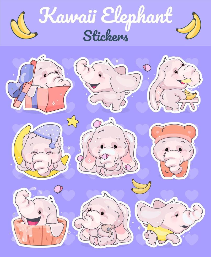 Jeu de caractères de vecteur de dessin animé kawaii éléphants mignons. animal adorable et drôle différentes poses et émotions autocollant isolé, patch. emoji d'éléphants d'anime bébé sur fond violet