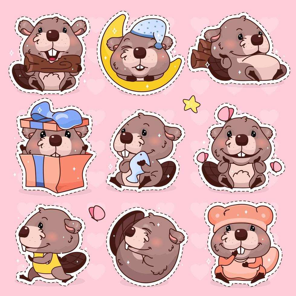 jeu de caractères de vecteur de dessin animé mignon castor kawaii. autocollants isolés de mascotte animale adorable, heureuse et drôle, pack de patchs, badges pour enfants. anime bébé fille castor emoji, émoticône sur fond rose