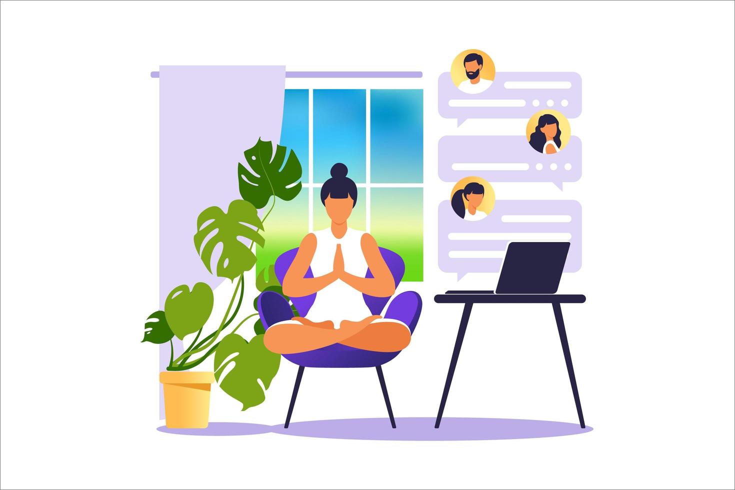 concept pigiste femme pratiquant le yoga et la méditation à la maison. la fille est assise dans la position du lotus, le processus de réflexion, la création et la recherche d'idées. gestion du temps. illustration vectorielle. vecteur