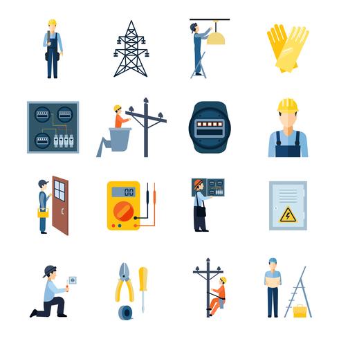 Électricité Repairmen Icons Set vecteur