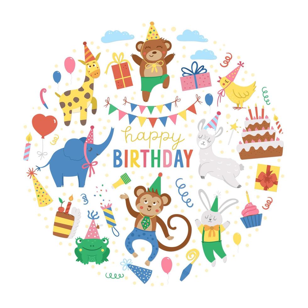 cadre rond vectoriel avec des éléments de joyeux anniversaire. clipart de fête d'anniversaire traditionnel. conception amusante pour bannières, affiches, invitations. joli modèle de carte de vacances festive en forme de cercle