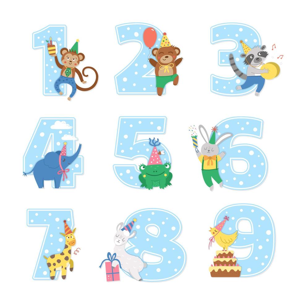 numéros de fête d'anniversaire avec des animaux mignons. modèles de cartes d'anniversaire pour les enfants. illustration de vacances bleu vif avec forêt drôle et personnages tropicaux. collection de design festif pour enfants vecteur