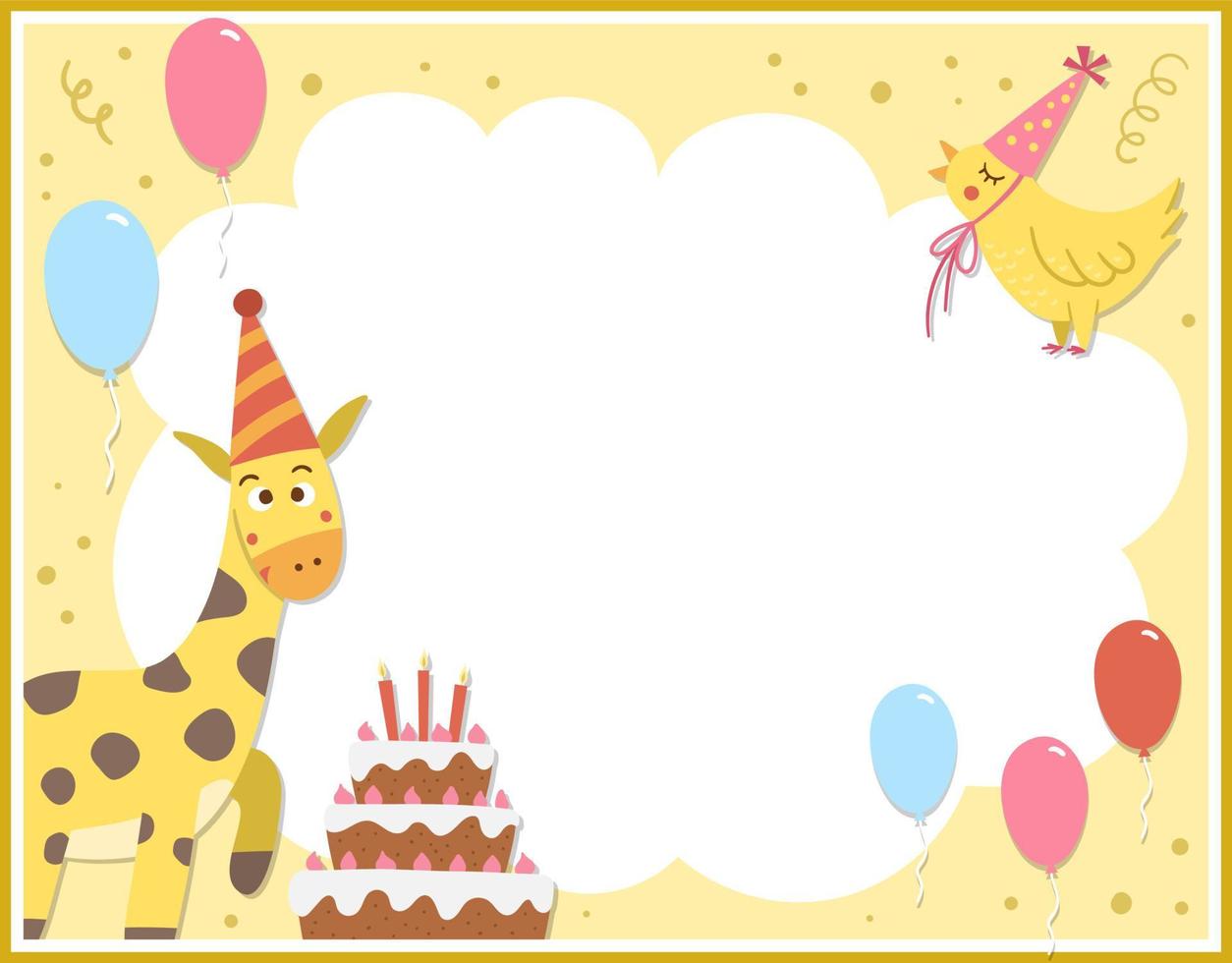 modèle de carte de voeux de fête d'anniversaire avec un gâteau et des animaux mignons. affiche d'anniversaire ou invitation pour les enfants. illustration de vacances lumineuses avec dessert festif traditionnel, ballons, girafe vecteur