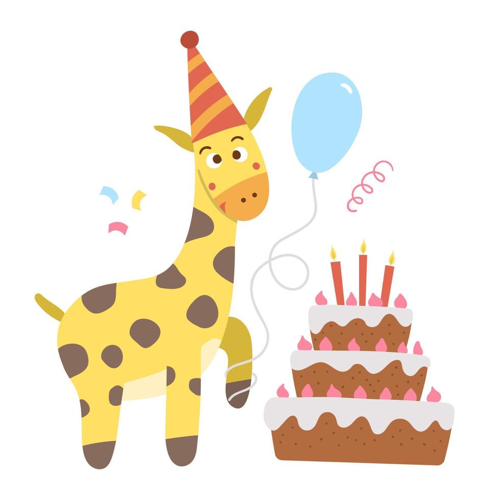 composition de fête d'anniversaire vectorielle avec girafe mignonne, gâteau, bougies, ballon. conception de fond de vacances pour bannières, affiches, invitations. modèle de carte de fête avec un animal africain drôle vecteur