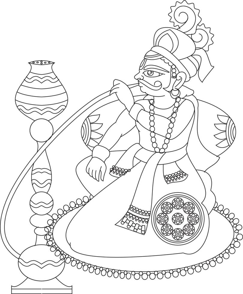 roi appréciant le narguilé, peint dans le style d'art populaire indien kalamkari vecteur