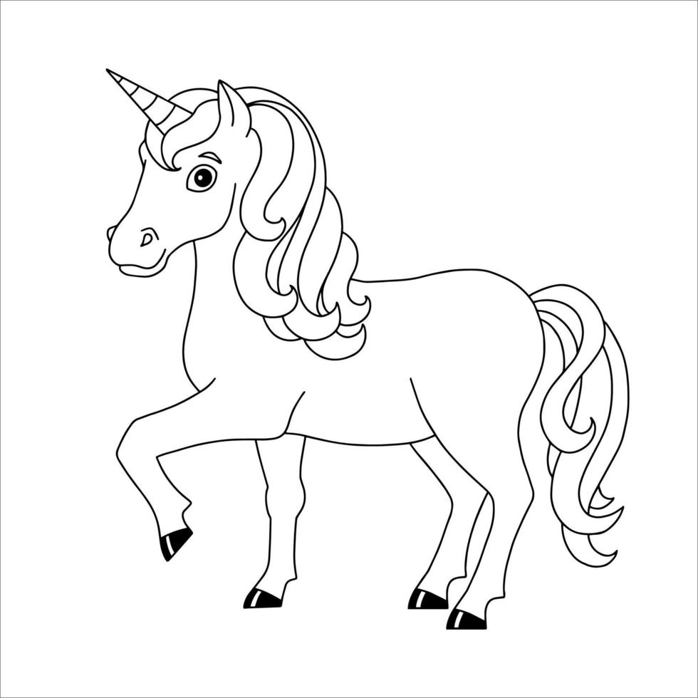 jolie licorne. cheval de fée magique. page de livre de coloriage pour les enfants. style de bande dessinée. illustration vectorielle isolée sur fond blanc. vecteur