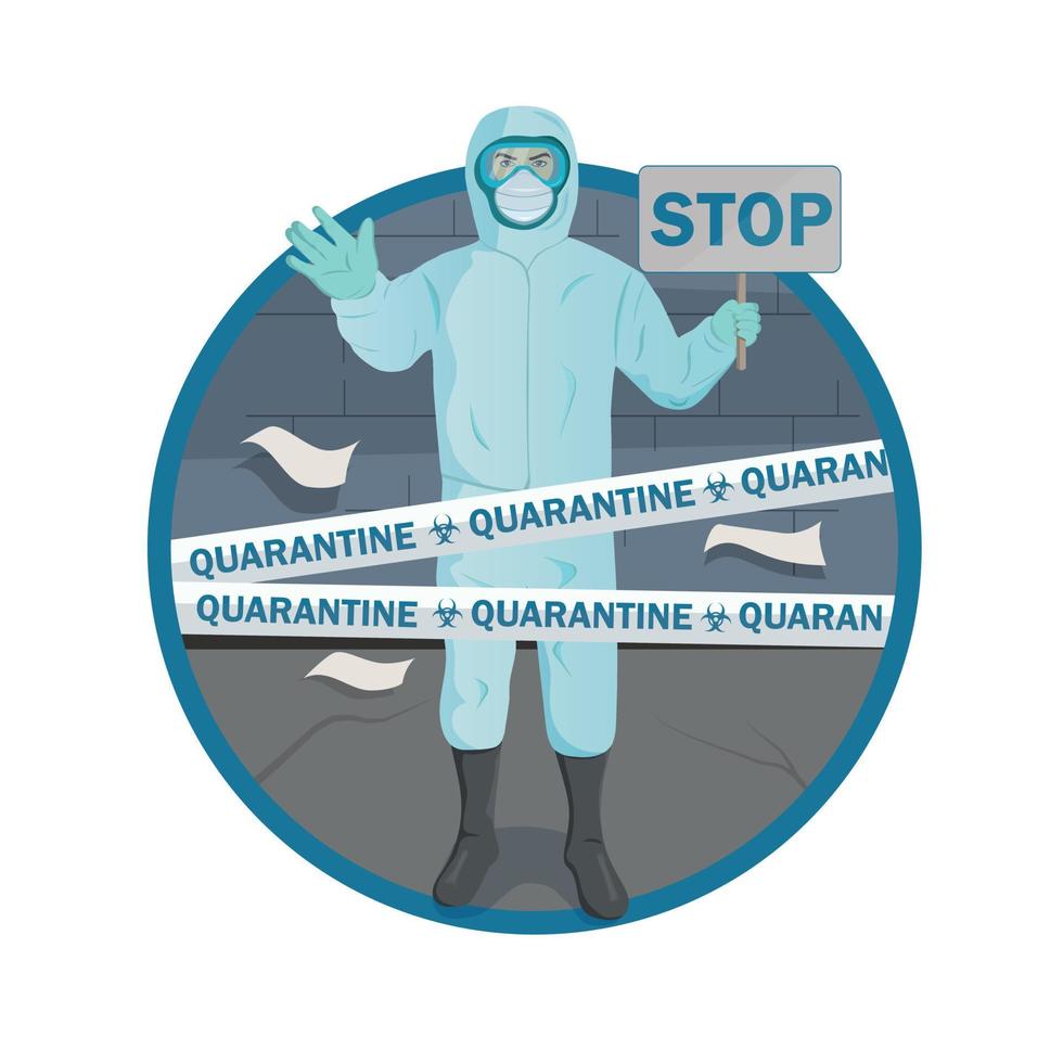 médecin portant une combinaison de protection bleue pour prévenir le coronavirus sur fond de rue et bande de quarantaine. concept de quarantaine covid-19. vecteur