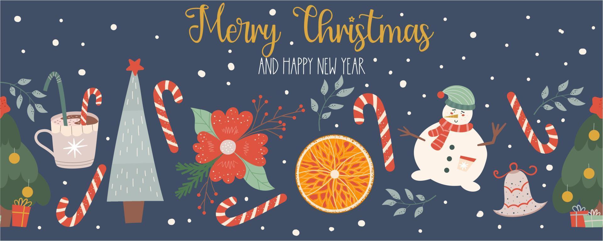 bordure transparente de noël sur fond sombre avec l'inscription joyeux noël.banner avec texte et arbres, bonhomme de neige, orange et sucettes pour un décor festif. illustration vectorielle dans un style plat. vecteur