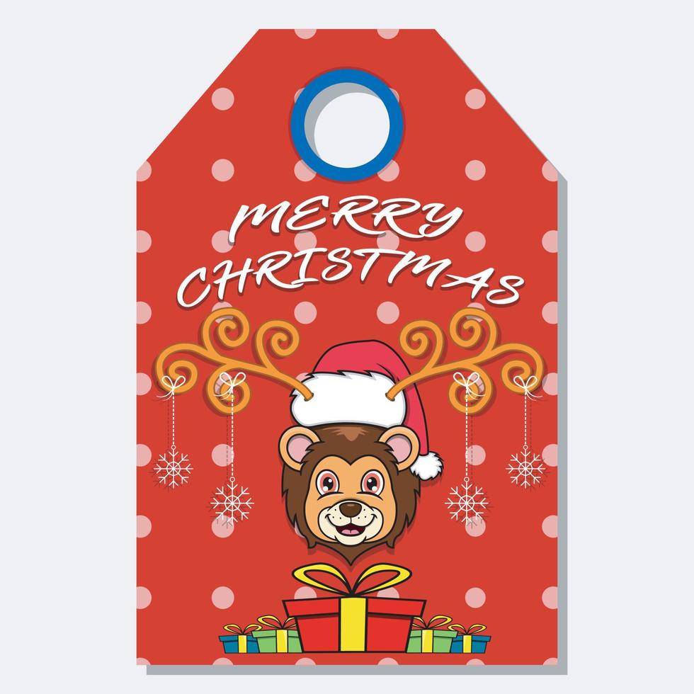 joyeux noël bonne année étiquette d'étiquette dessinée à la main avec un joli design de personnage de tête de lion. vecteur