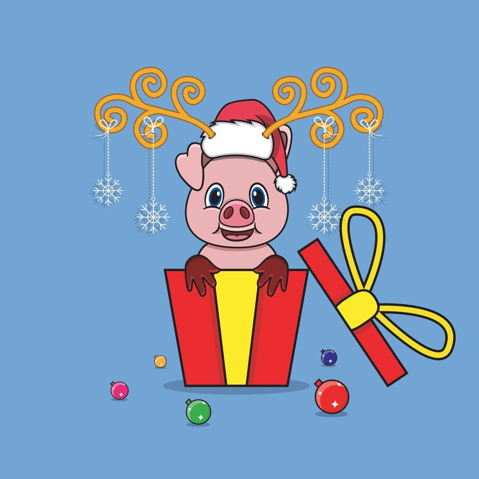 cochon mignon sur cadeau avec chapeau de père noël. pour l'arrière-plan, le modèle, l'icône, la bannière, l'invitation, la carte de voeux, la conception d'inspiration et le dépliant. vecteur