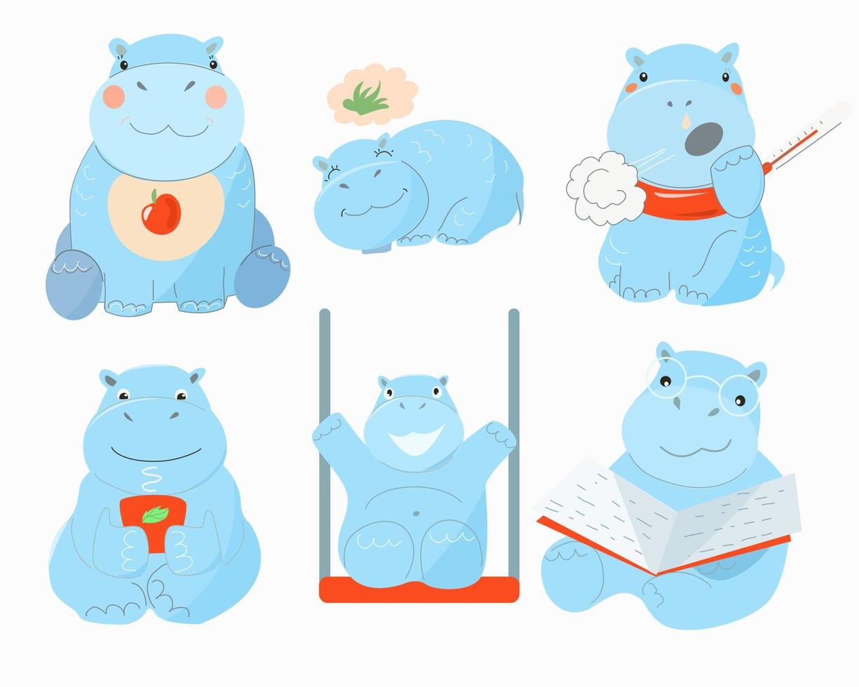 un ensemble d'hippopotames bleus dans différentes situations. vecteur