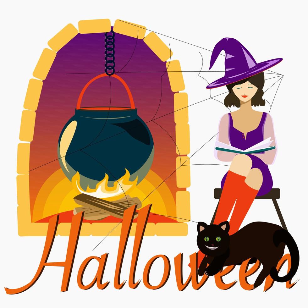 la sorcière est assise près du chaudron et les mots halloween vecteur