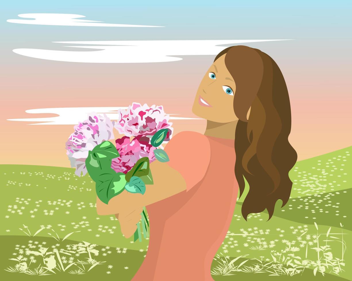 une fille avec un gros bouquet de fleurs dans un pré ou dans un parc vecteur